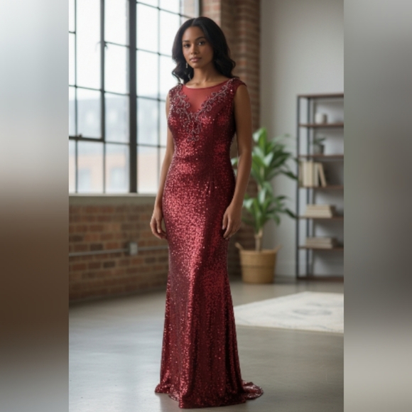 Elegant Red/Burgundy Sequin Maxi Dress